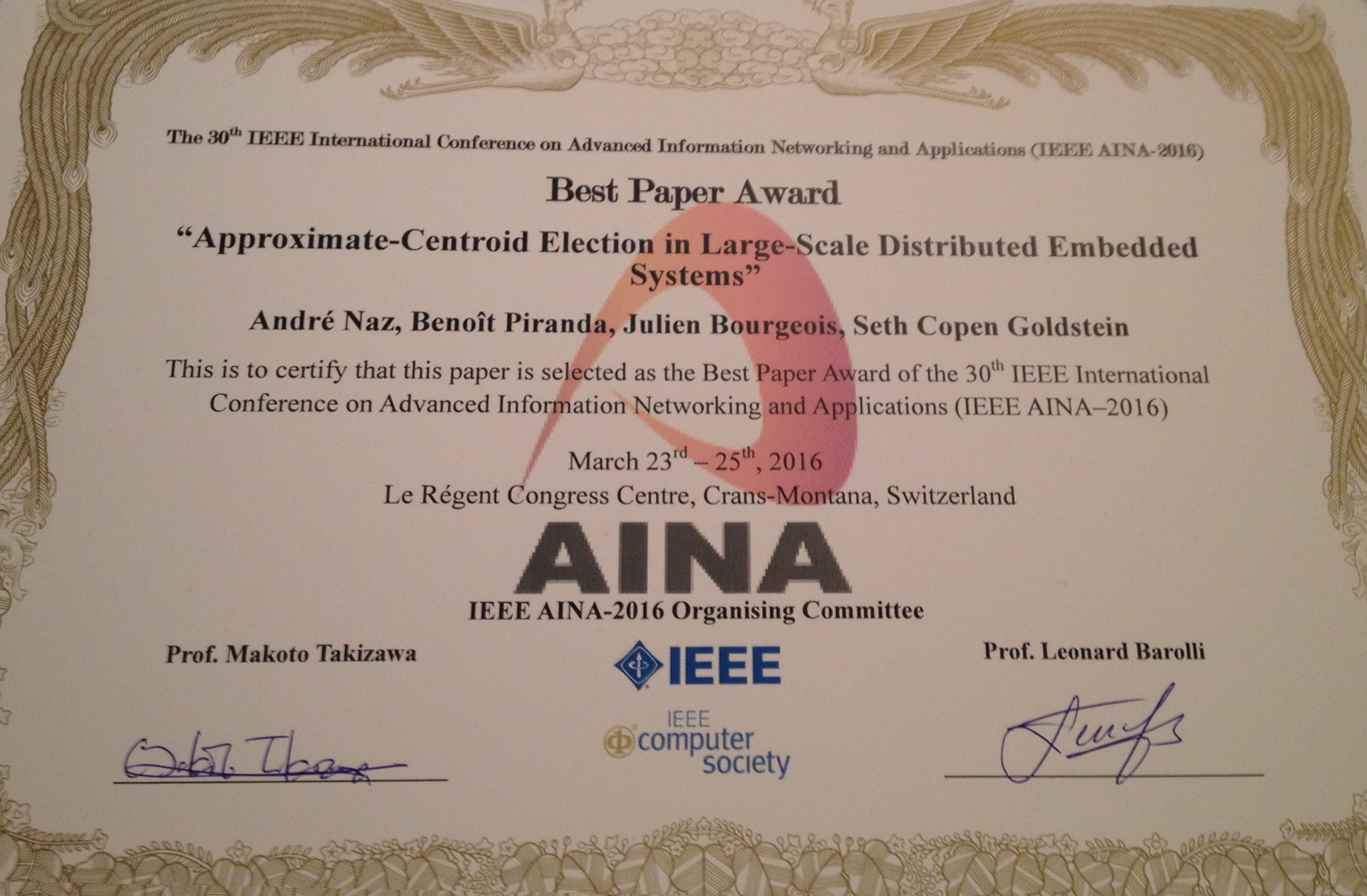 AINA 2016 Best Paper Award