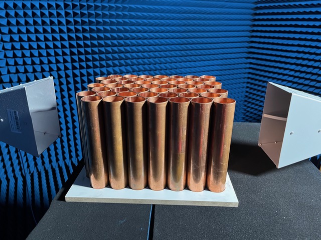 Photograph of photonic crystal of copper tubes in anechoic chamber